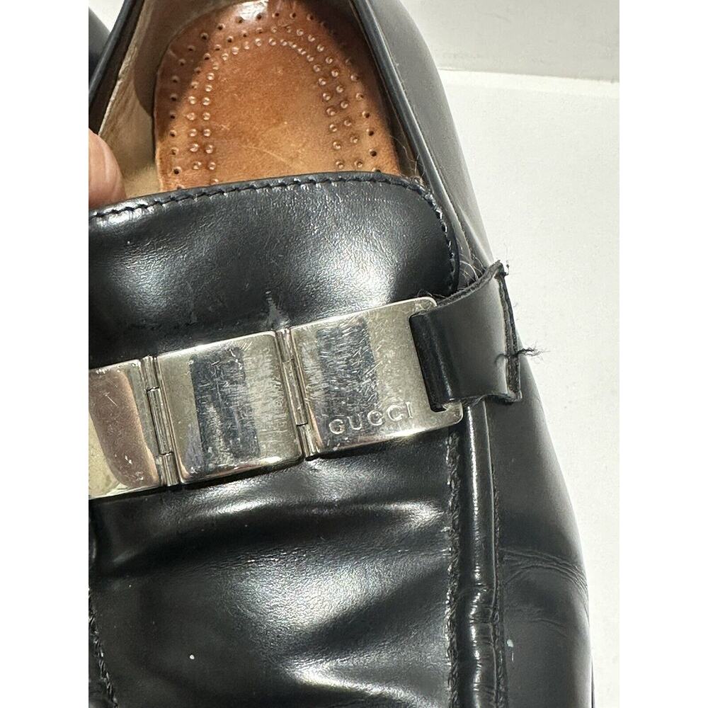 Gucci Leather Black Loafers Shiny Silver Plaque Logo Women 100 0398 36 C Sz 6 - Picture 5 of 12
